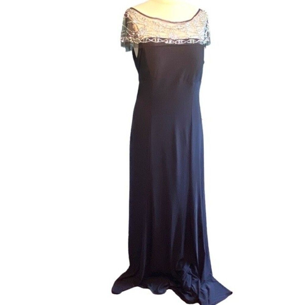 R & M Richards Black Evening Gown With Mesh Rhinestone Top Size 12 NWT